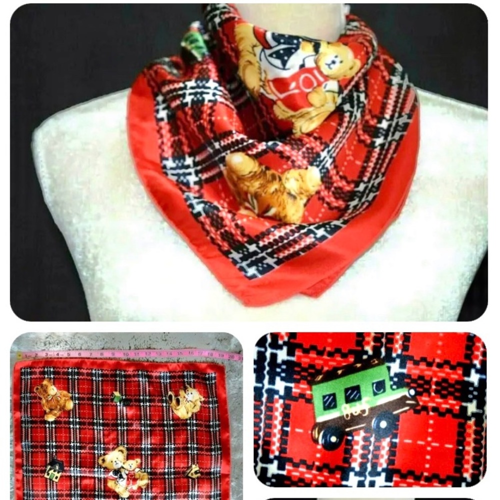 Tidi Women's Neck Scarf Square approx 19" Christmas bears Design Red Blu…